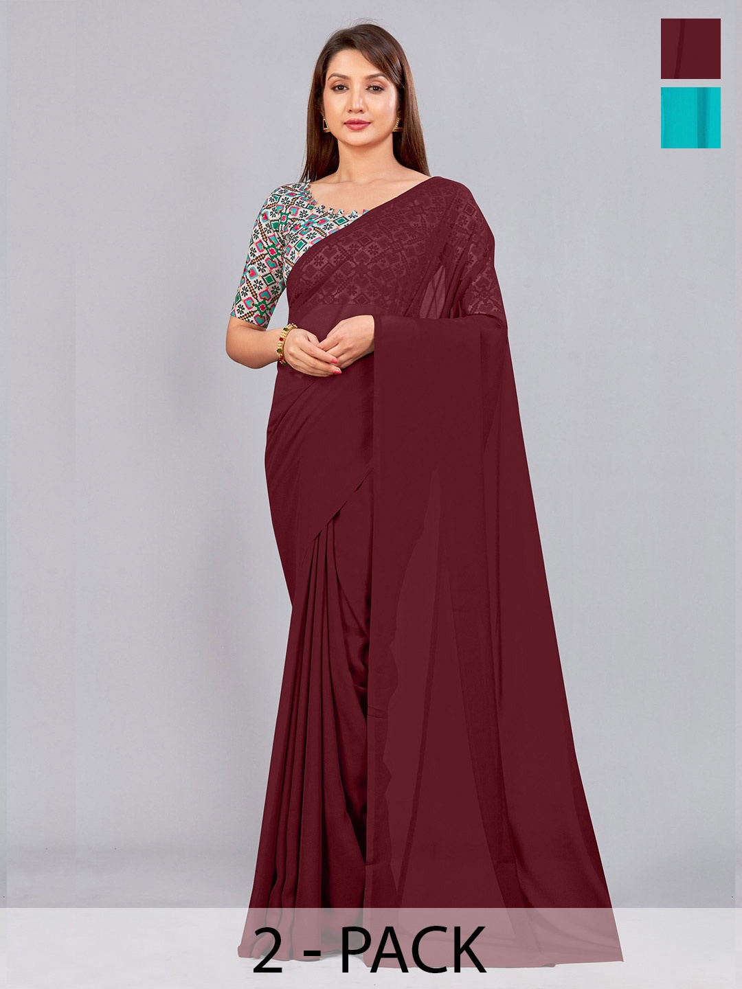 

CastilloFab Selection Of 2 Ethnic Pure Georgette Sarees, Maroon