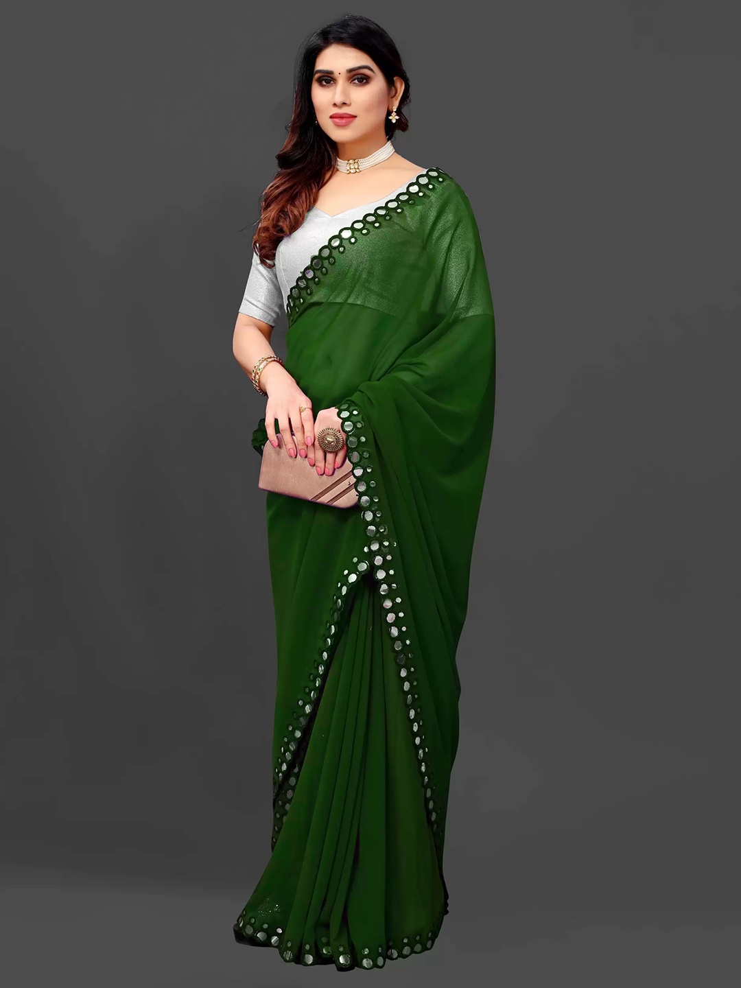 

RadadiyaTRD Mirror Work Pure Georgette Saree, Green