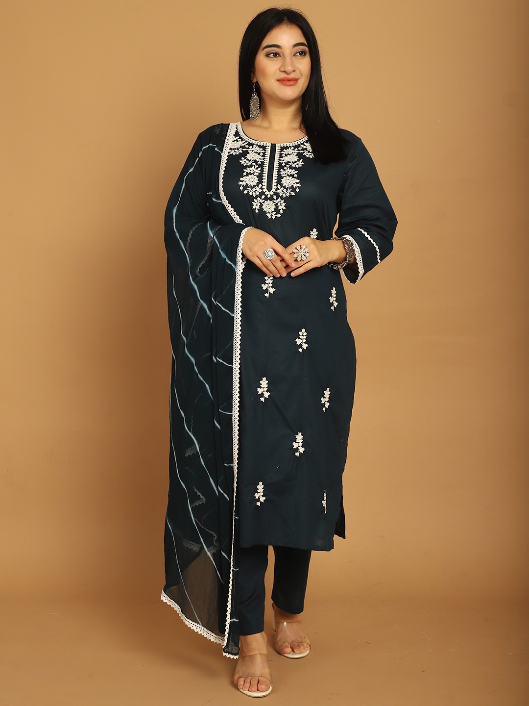 

Rajnandini Floral Embroidered Round Neck Thread Work Pure Cotton Kurta Trousers & Dupatta, Navy blue