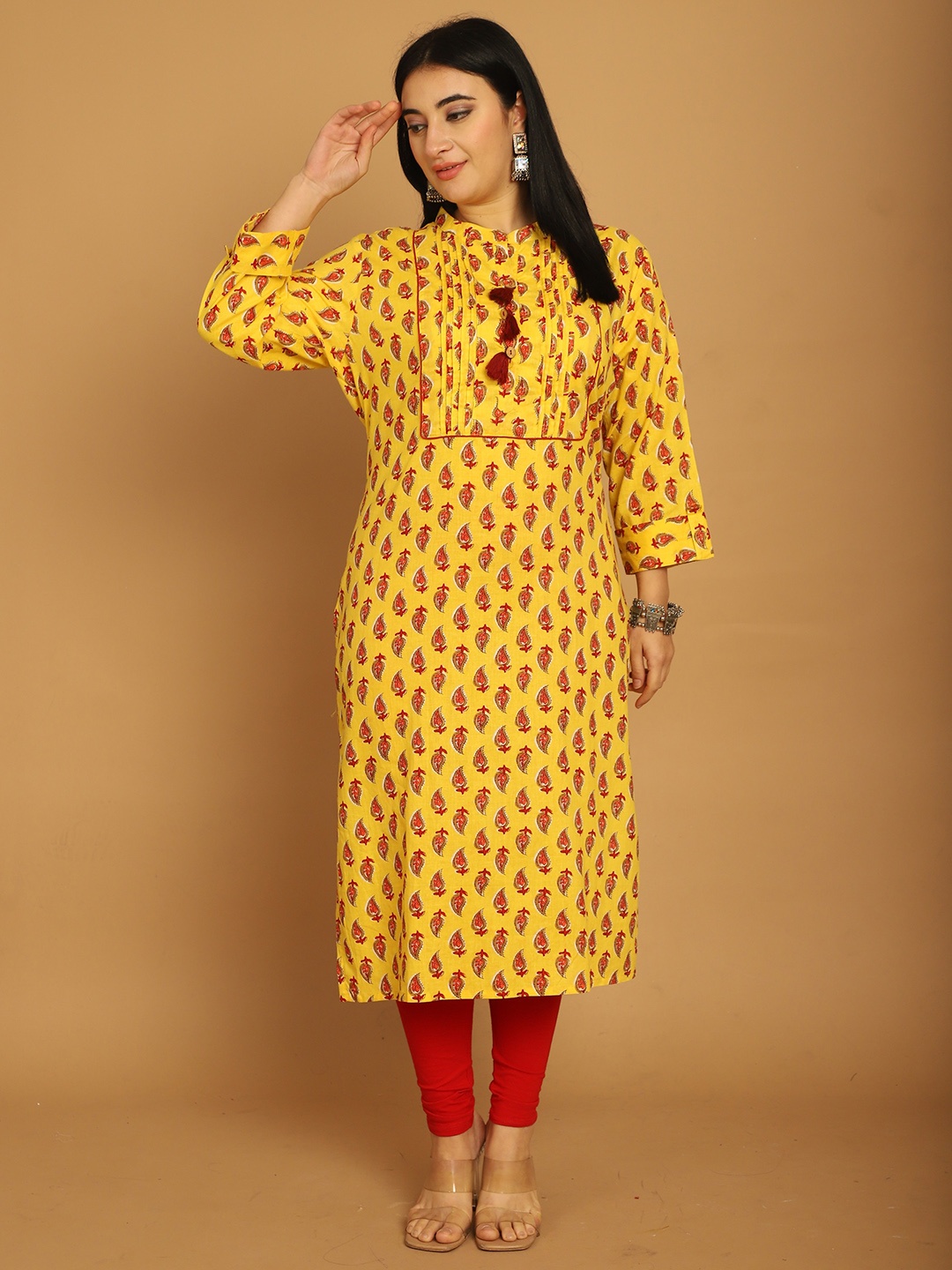 

Rajnandini Paisley Jaipuri Block Printed Mandarin Collar Pure Cotton Straight Kurta, Yellow