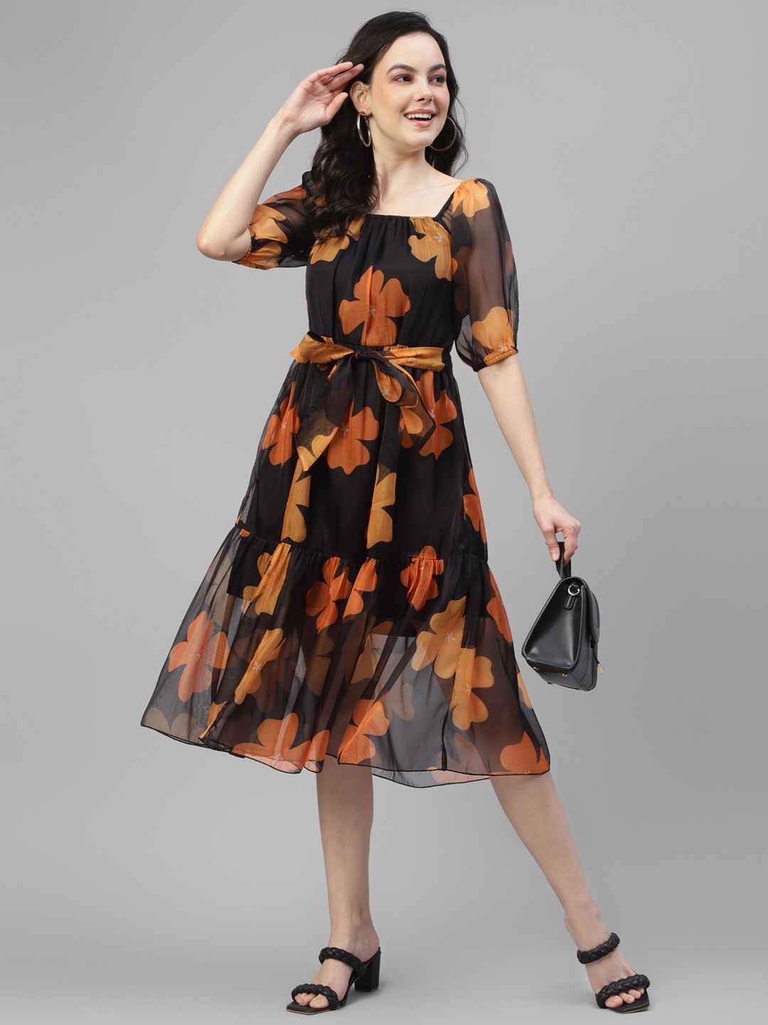 

DEEBACO Square Neck Floral Printed Puff Sleeve Fit & Flare Midi Dress, Black