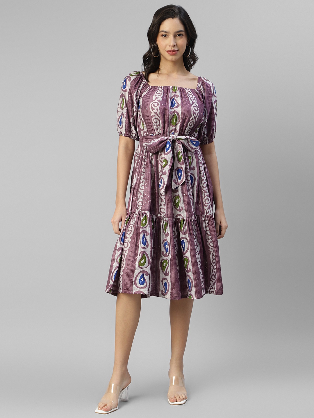 

DEEBACO Ethnic Motifs Printed Square Neck Puff Sleeve Fit & Flare Midi Dress, Lavender