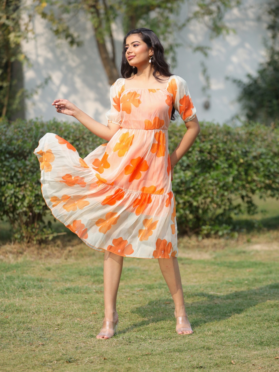 

DEEBACO Floral Print Square Neck Puff Sleeve Fit & Flare Midi Dress, Off white