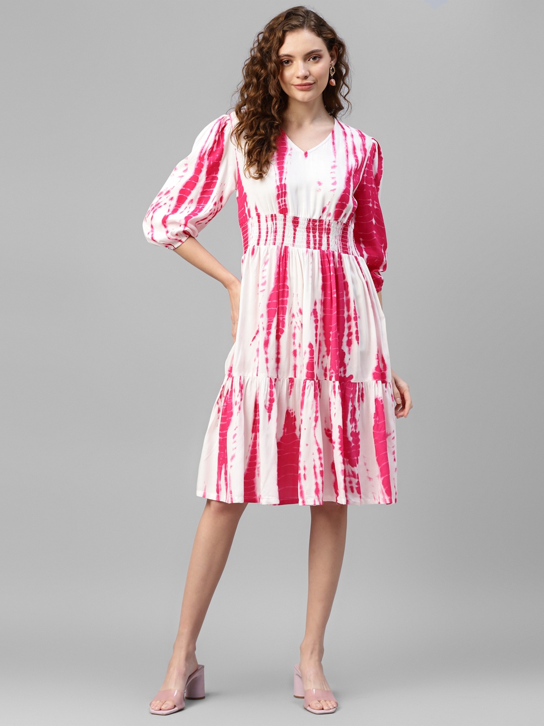 

DEEBACO Tie and Dye V Neck Three-Quarter Sleeves Puff Sleeve A-Line Tiered Dress, Magenta