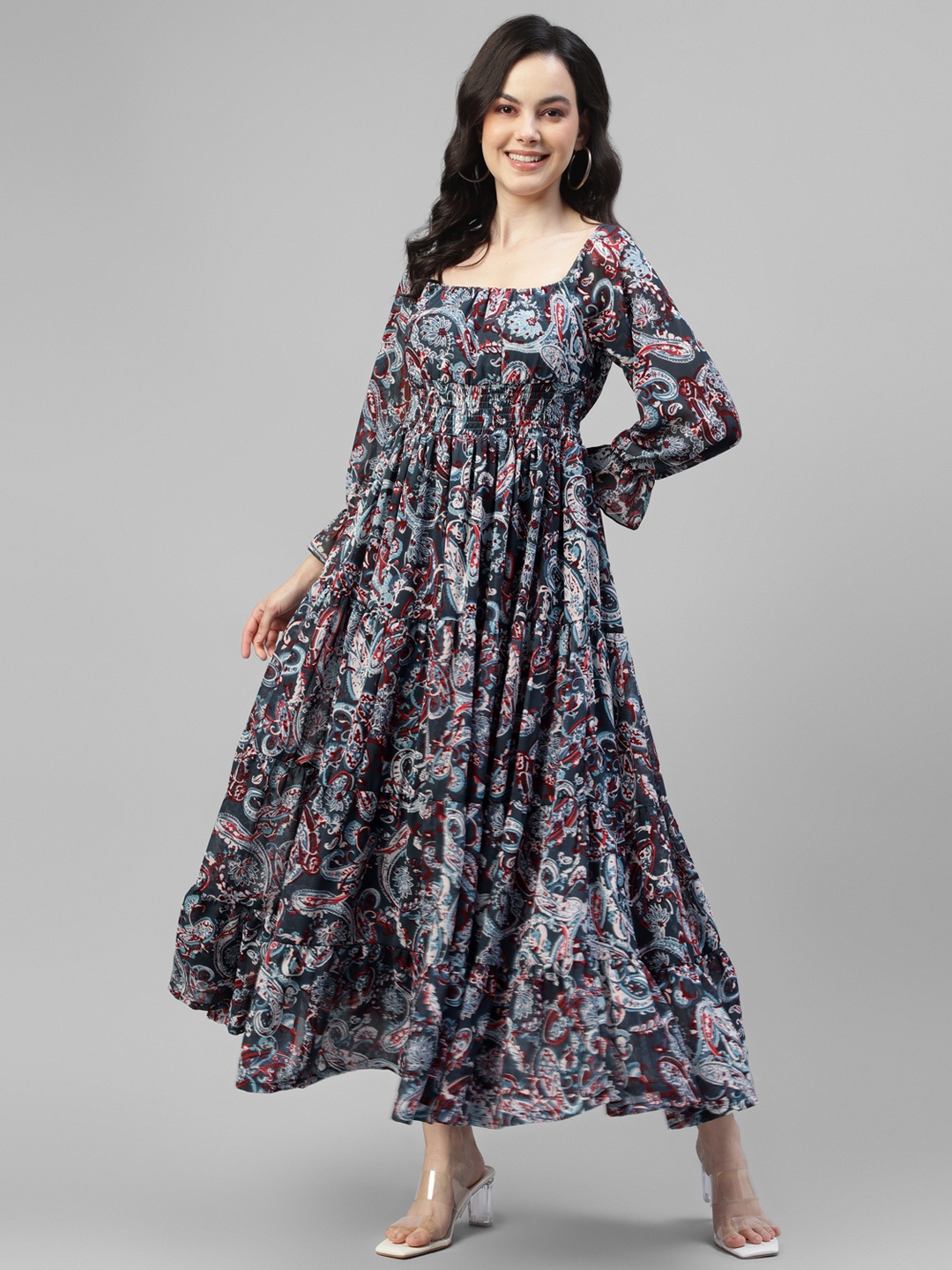 

DEEBACO Floral Print Square Neck Bell Sleeves Smocked Tiered Maxi Dress, Grey