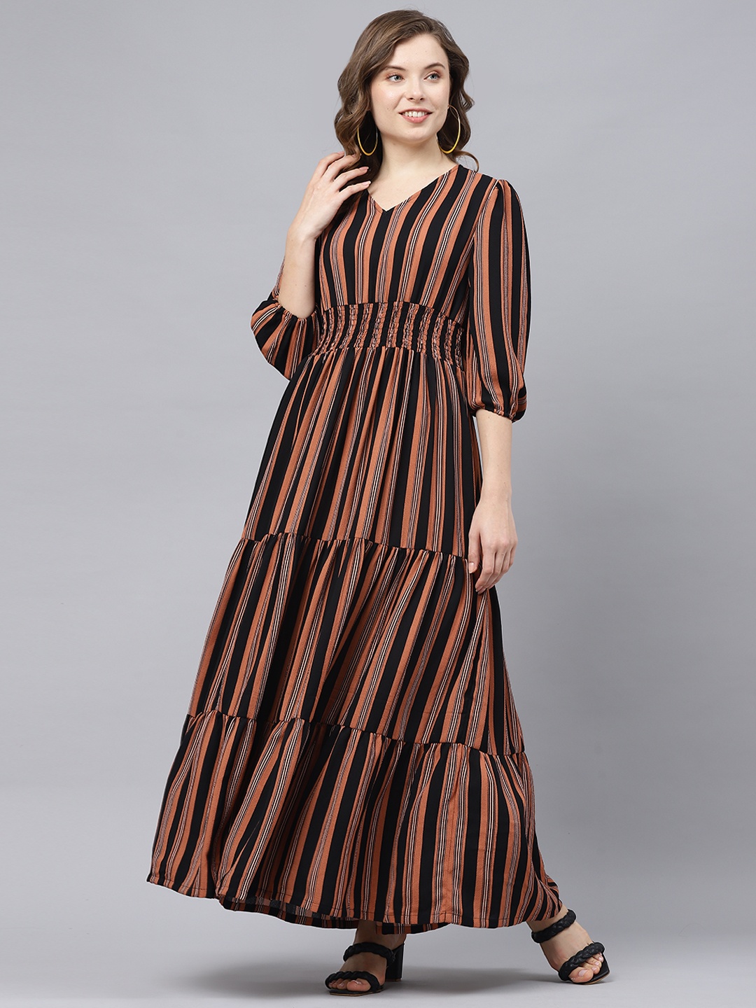 

DEEBACO Striped V Neck Three-Quarter Sleeves Puff Sleeve Maxi Tiered Dress, Brown