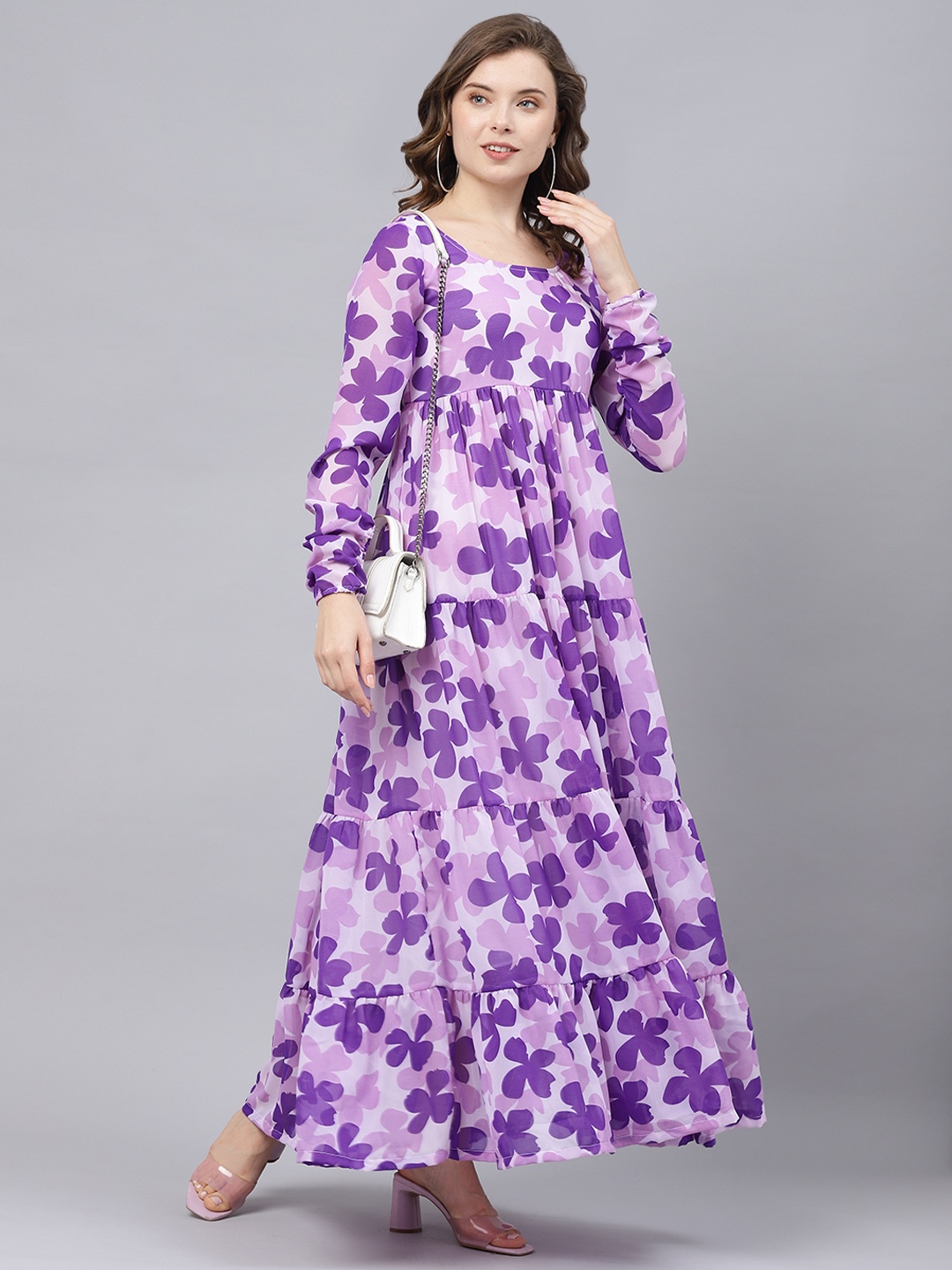 

DEEBACO Floral Printed Round Neck Bell Sleeve Flared Georgette Maxi Dress, Lavender