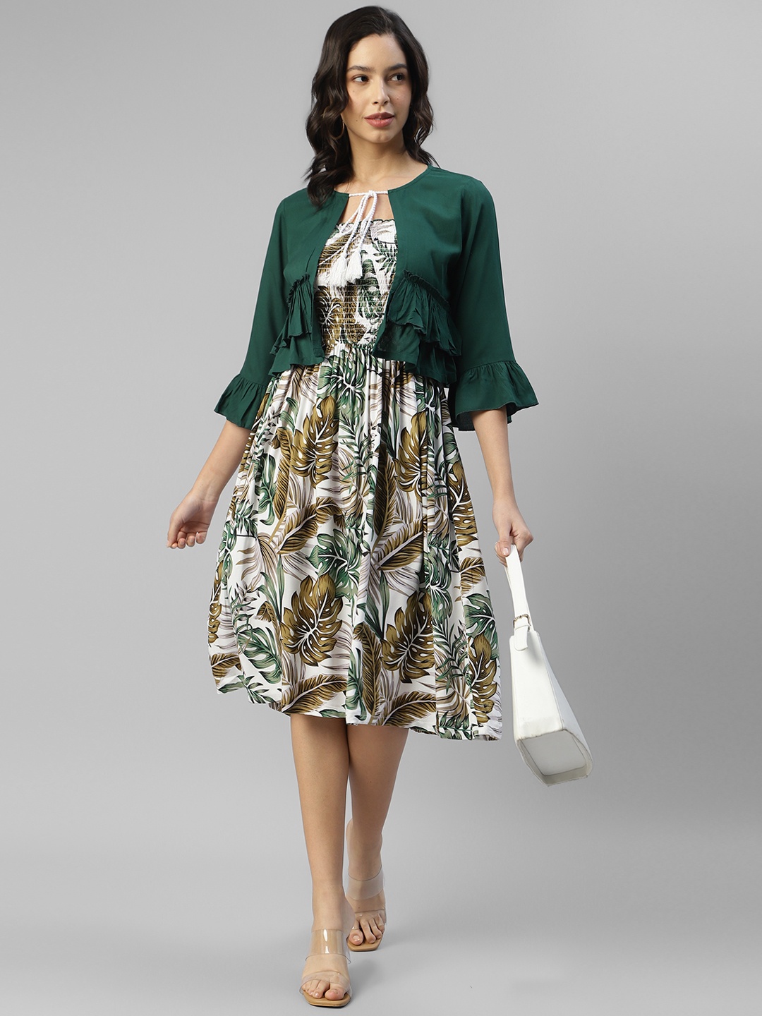 

DEEBACO Floral Print Shoulder Straps Dress With Shrug, Green