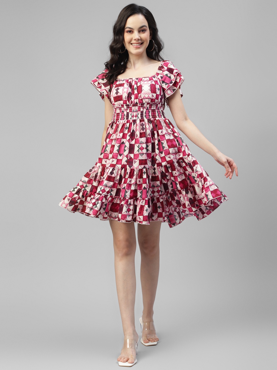 

DEEBACO Geometrical Printed Square Neck Fit and Flare Dress, Red
