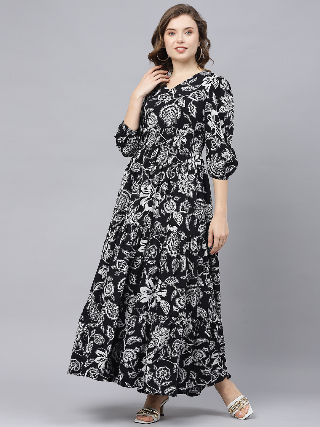 

DEEBACO Floral Print V-Neck Puff Sleeves Maxi Dress, Black