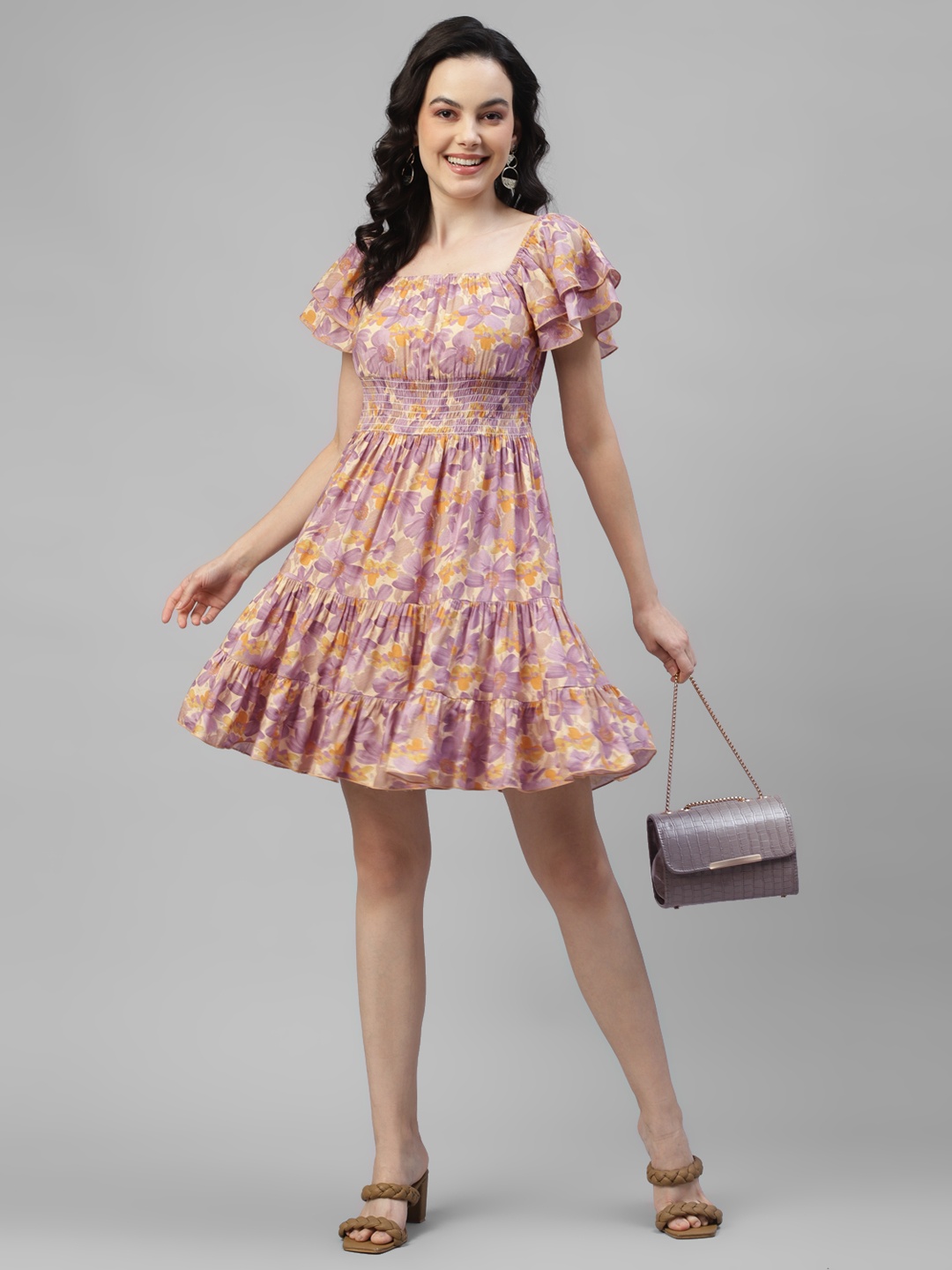 

DEEBACO Floral Print Square Neck Puff Sleeve Fit & Flare Dress, Lavender