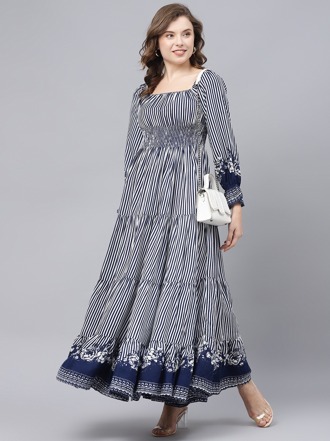 

DEEBACO Striped Square Neck Long Puff Sleeve Maxi Dress, Blue