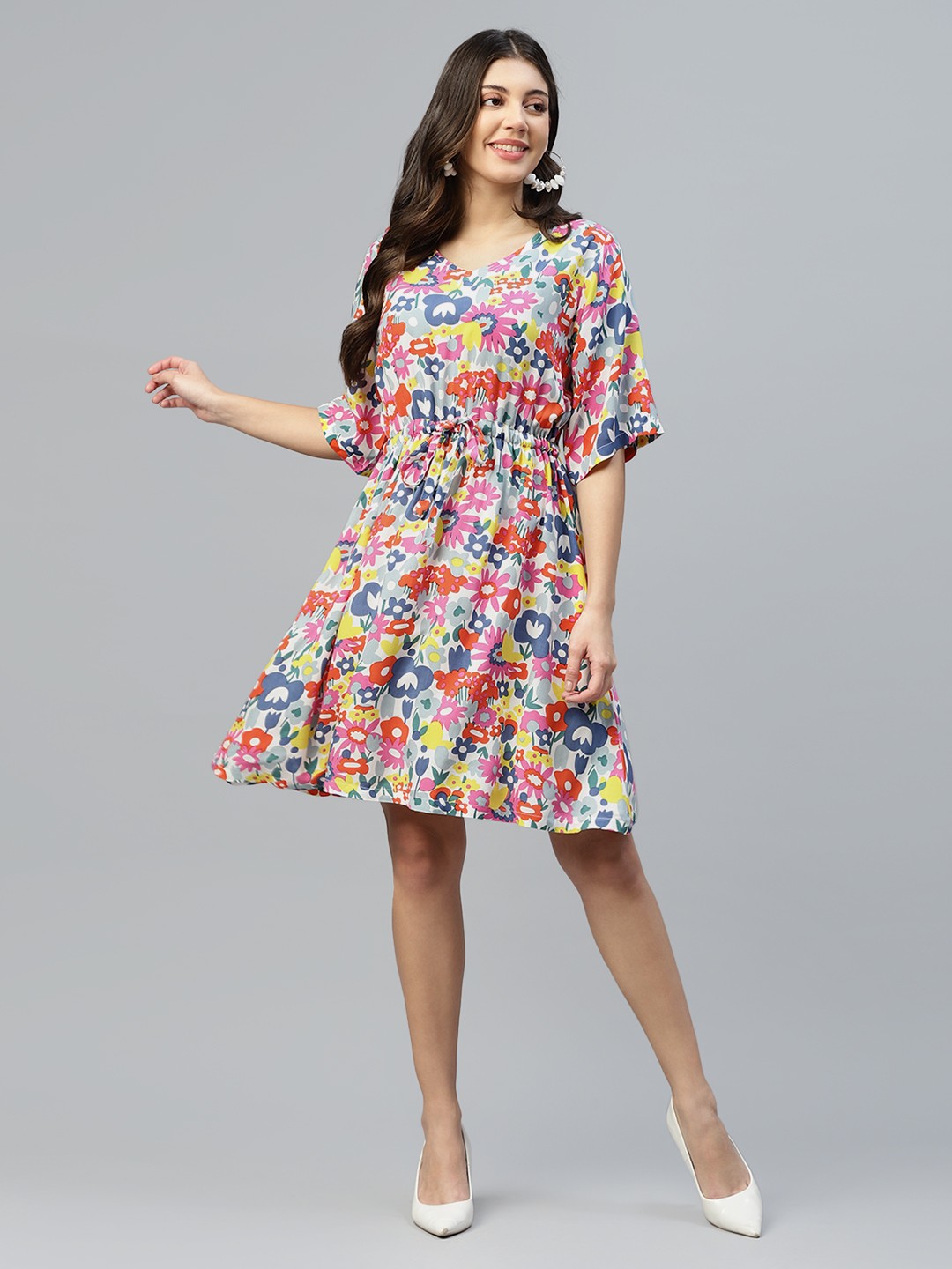 

DEEBACO Floral Print V-Neck Extended Sleeves Fit & Flare Dress, Blue
