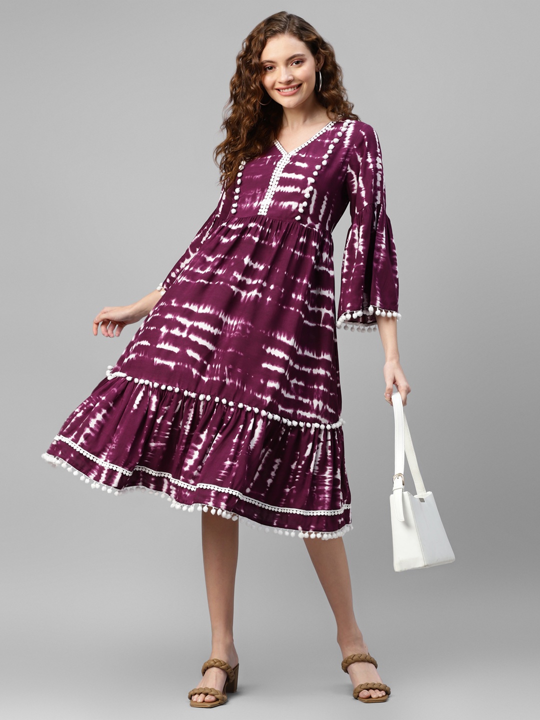 

DEEBACO Tie & Dye Print V-Neck Flared Sleeve A-Line Midi Dress, Maroon