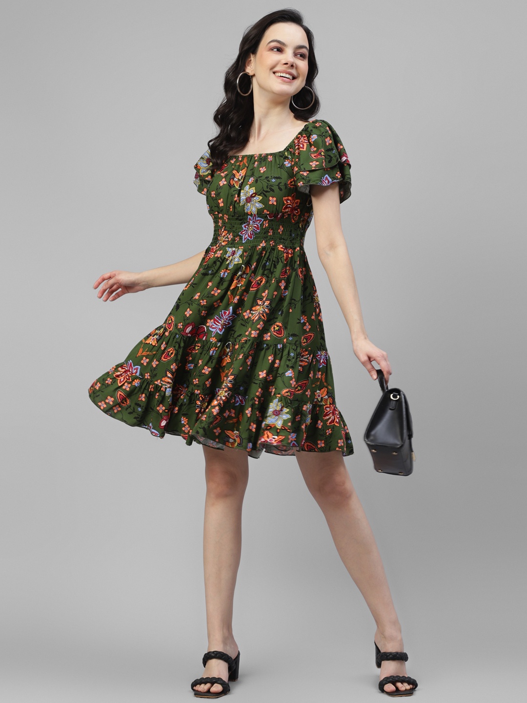 

DEEBACO Floral Print Square Neck Puff Sleeve Fit & Flare Dress, Green