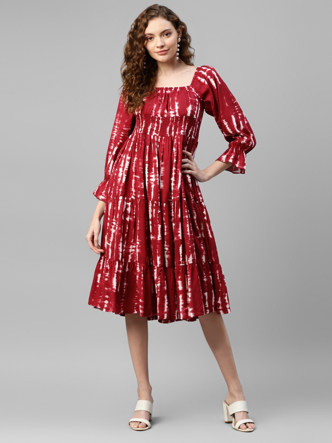 

DEEBACO Tie & Dye Print Bell Sleeve Empire Midi Dress, Maroon