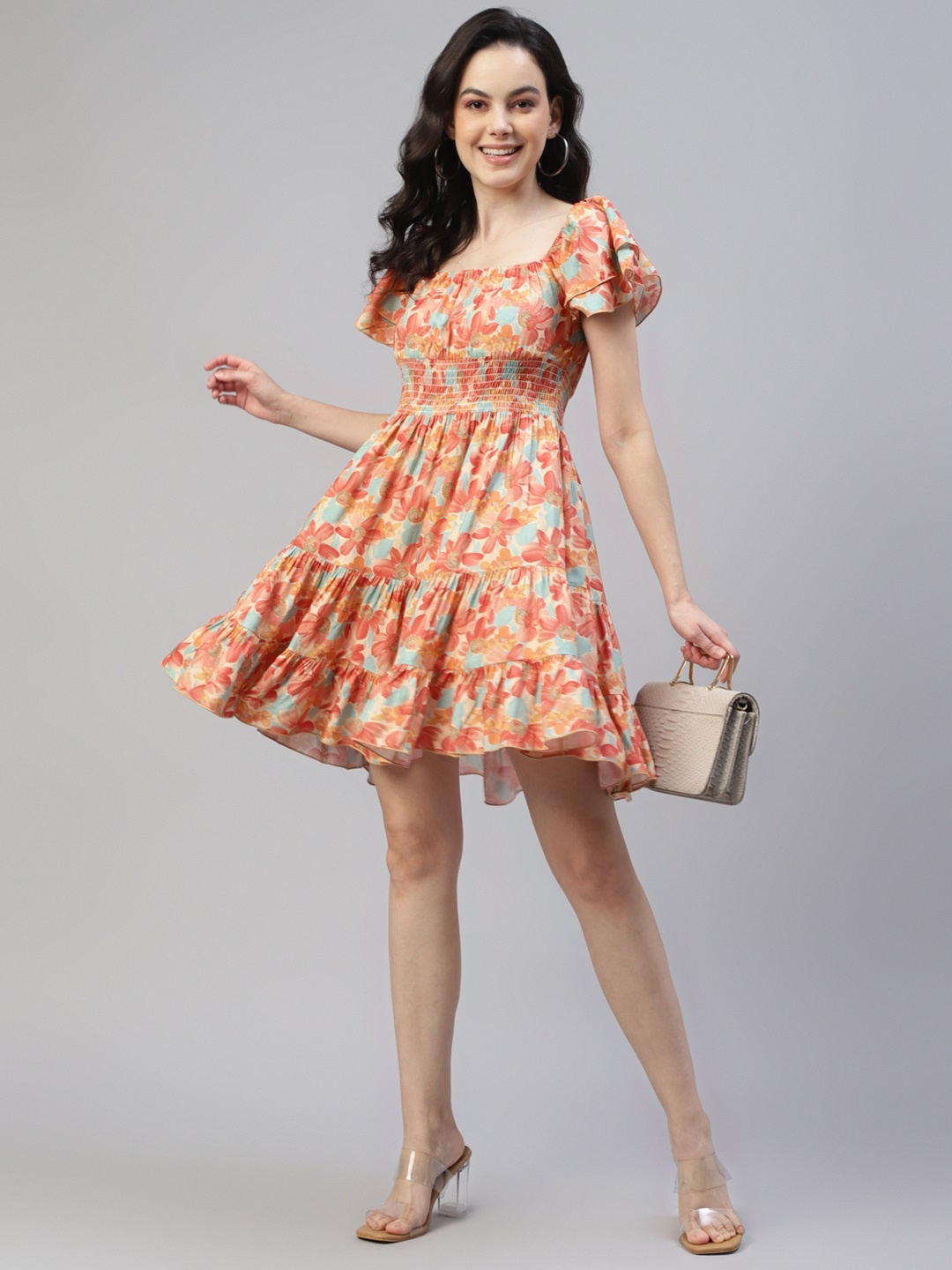 

DEEBACO Floral Print Square Neck Flared Sleeves Empire Dress, Green