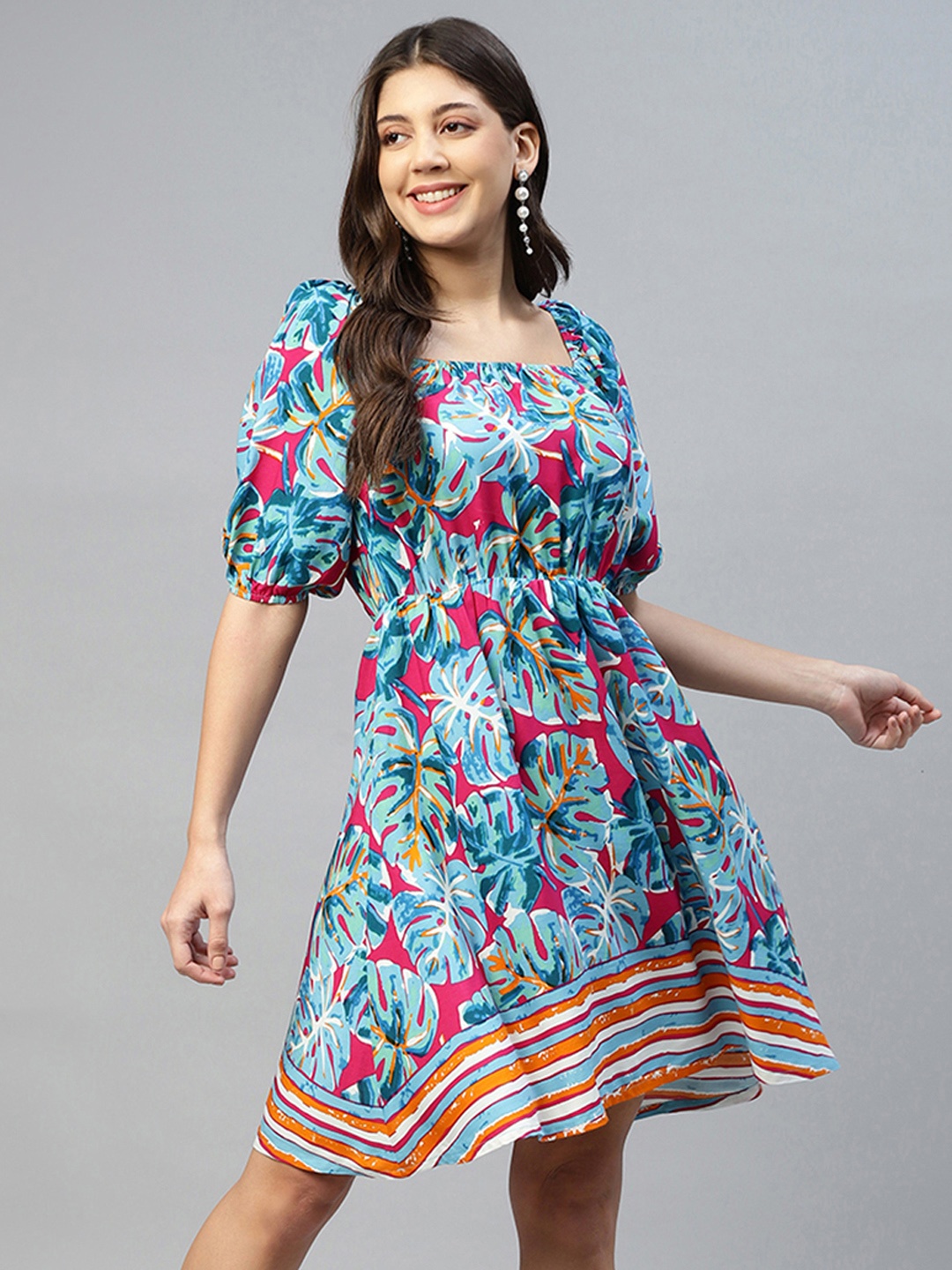 

DEEBACO Tropical Print Square Neck Puff Sleeves Above Knee Fit & Flare Dress, Multi