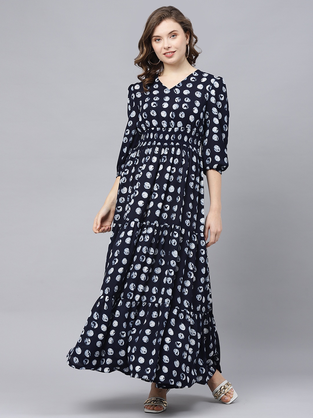 

DEEBACO Polka Dots Print V-Neck Puff Sleeves Tiered Maxi Dress, Blue