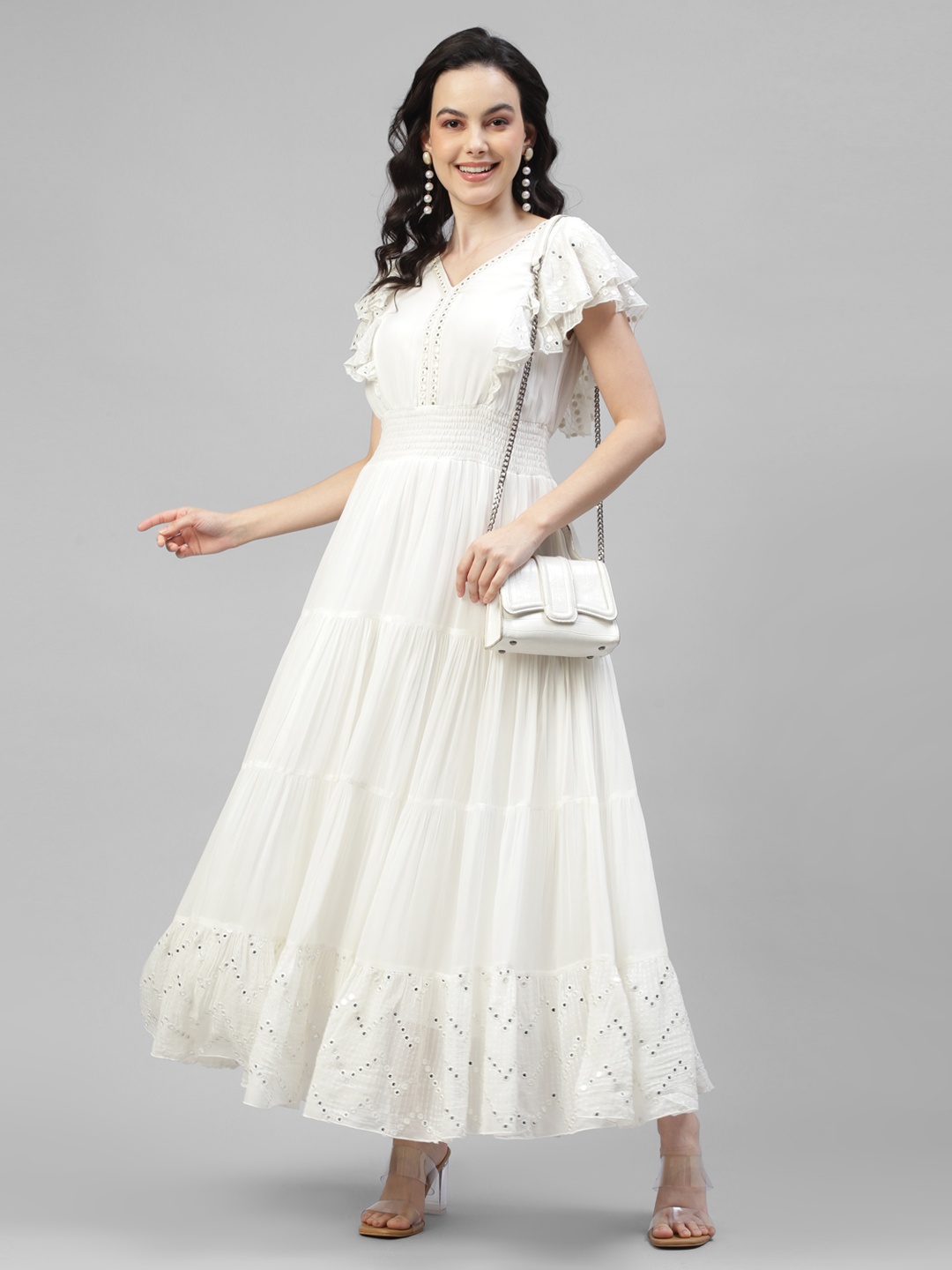 

DEEBACO V-Neck Flutter Sleeve Casual Maxi Dress, White
