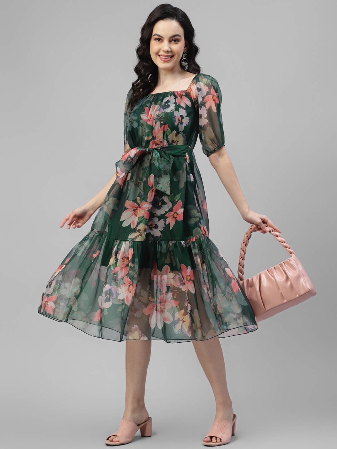 

DEEBACO Floral Print Square Puff Sleeve Fit & Flare Midi Tiered Dress, Green