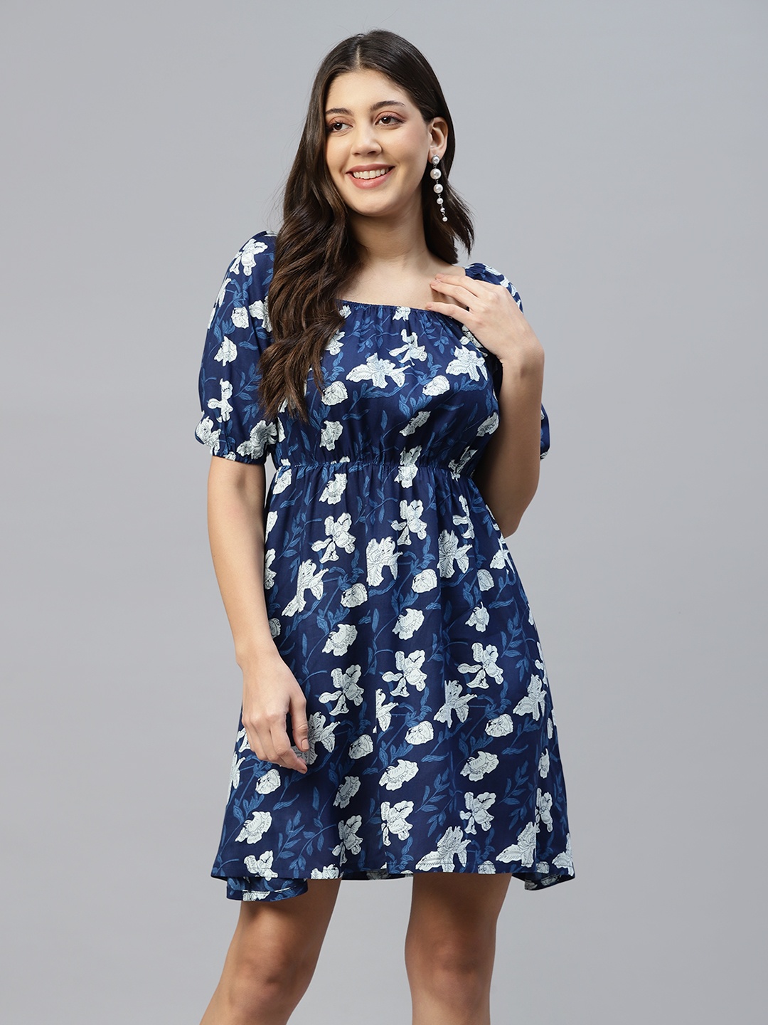

DEEBACO Floral Print Square Neck Puff Sleeve Fit & Flare Dress, Blue
