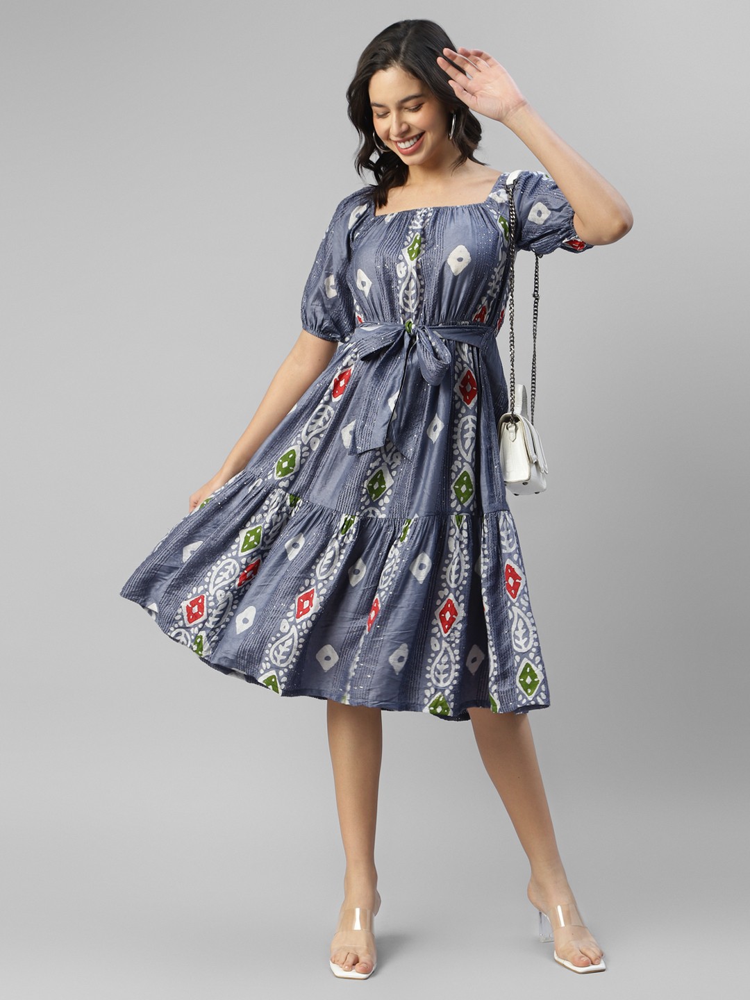 

DEEBACO Floral Printed Square Neck Puff Sleeve Fit & Flare Casual Dress, Grey