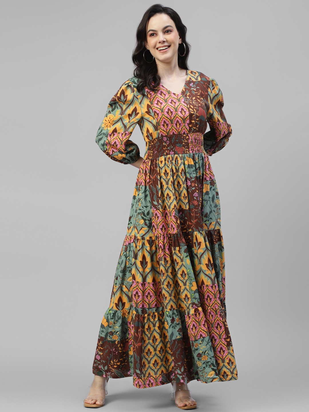 

DEEBACO Ethnic Motifs Print V-Neck Smocked Tiered Maxi Dress, Brown