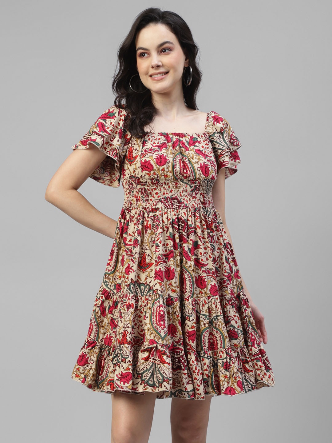 

DEEBACO Floral Print Square Neck Flared Sleeves Fit & Flare Tiered Dress, Beige