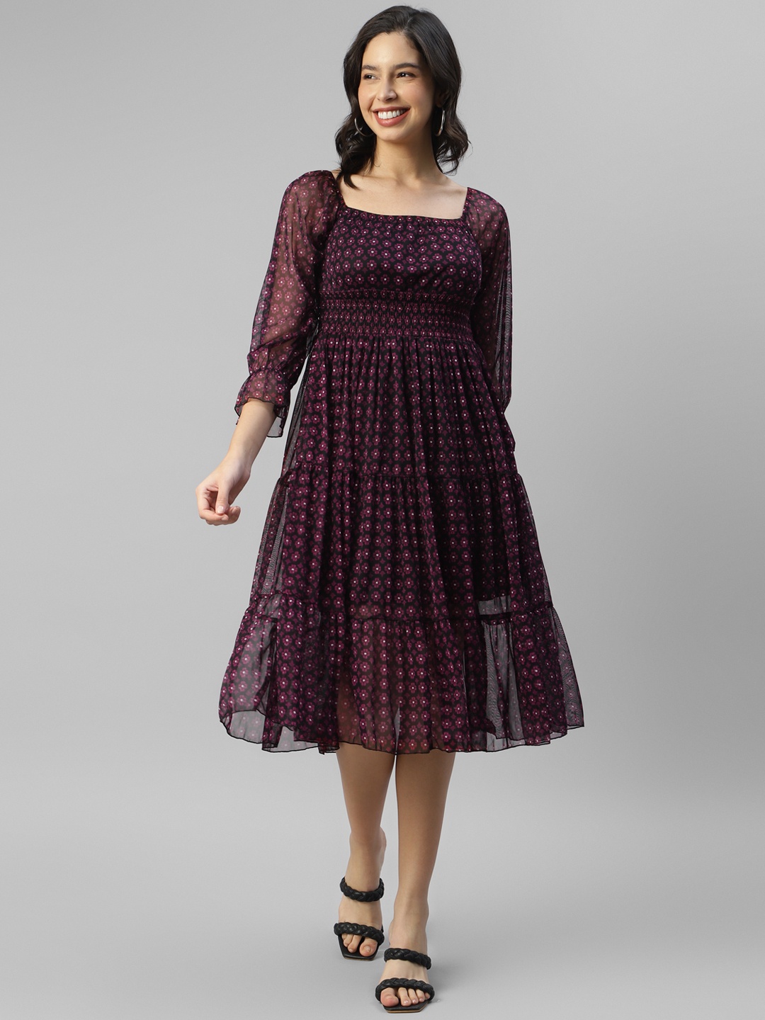 

DEEBACO Floral Print Square Neck Bell Sleeves Smocked Tiered Net Fit & Flare Dress, Maroon