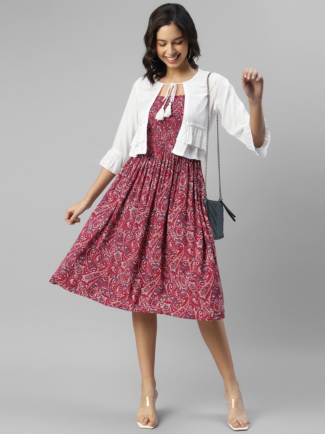 

DEEBACO Floral Printed Fit & Flare Casual Midi Dress With Shrug, Maroon