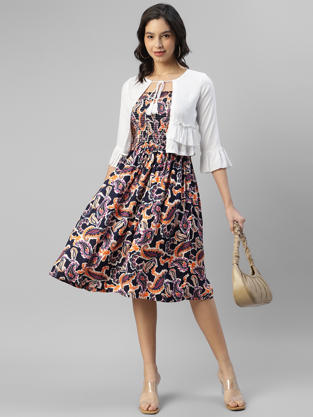 

DEEBACO Floral Printed Flared Knee Length Smocked Fit & Flare Dress, Black