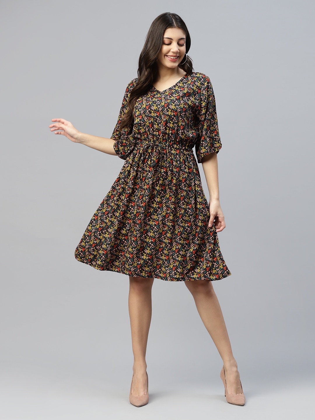 

DEEBACO Floral Print V-Neck Fit & Flare Dress, Black