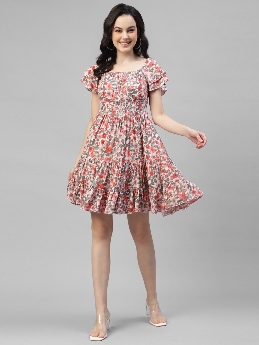 

DEEBACO Floral Print Square Neck Puff Sleeve Smocked Tiered Above Knee Fit & Flare Dress, Multi