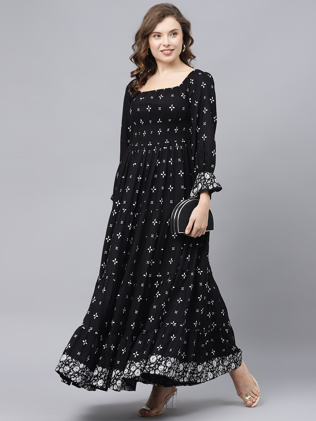 

DEEBACO Floral Print Square Neck Bell Sleeve Maxi Dress, Black