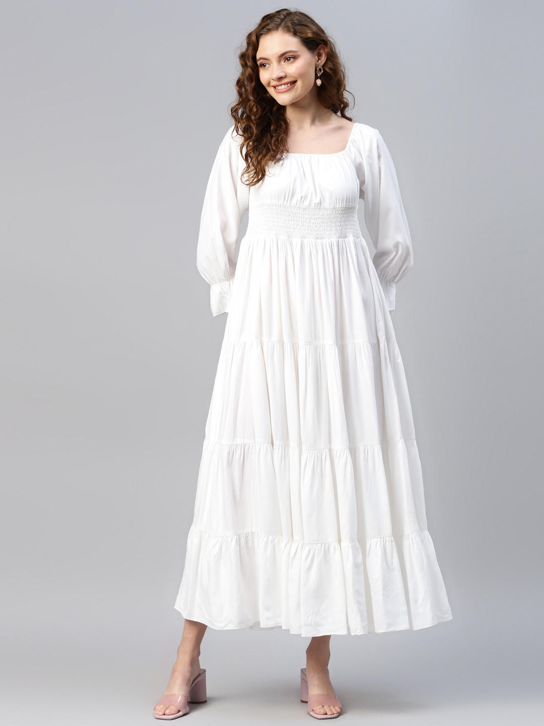 

DEEBACO Square Neck Bell Sleeve Smocked Tiered Maxi Dress, White