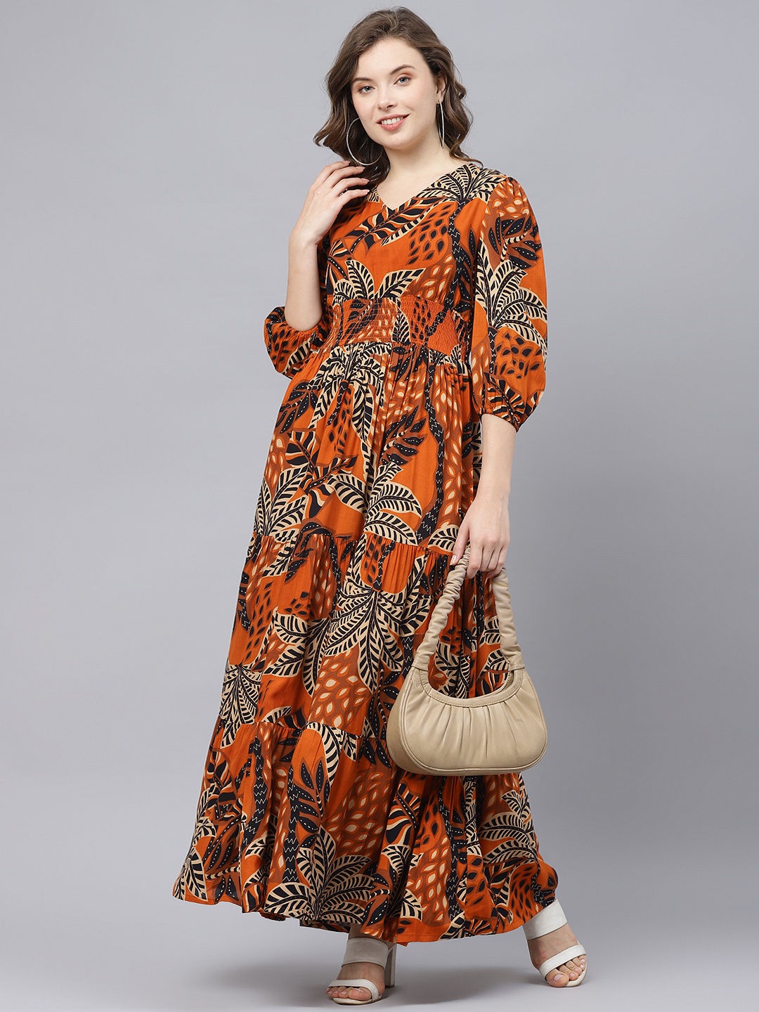 

DEEBACO Ethnic Motifs Print V Neck Puff Sleeve Maxi Tiered Dress, Brown