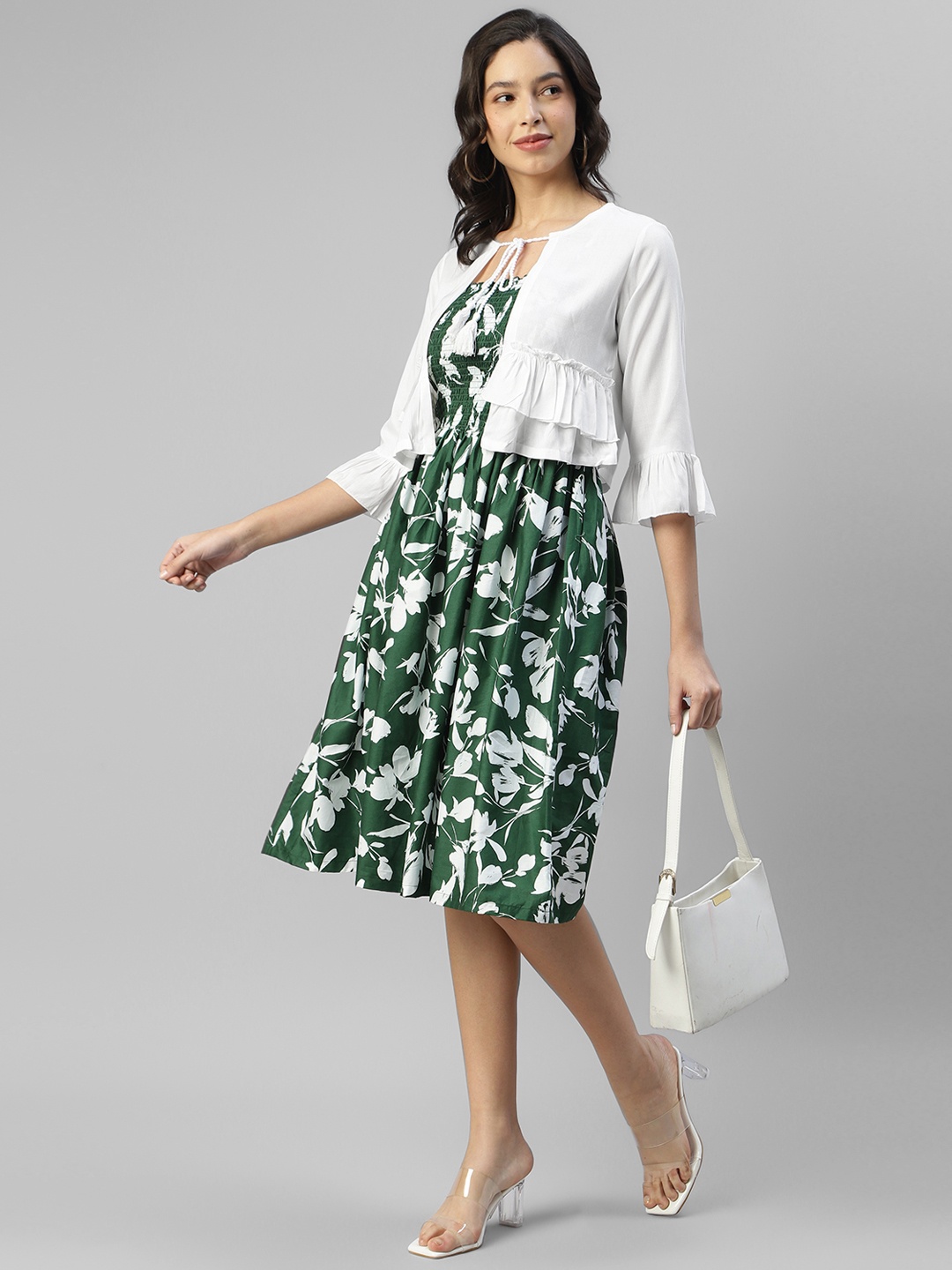 

DEEBACO Floral Printed A-Line Dress, Green