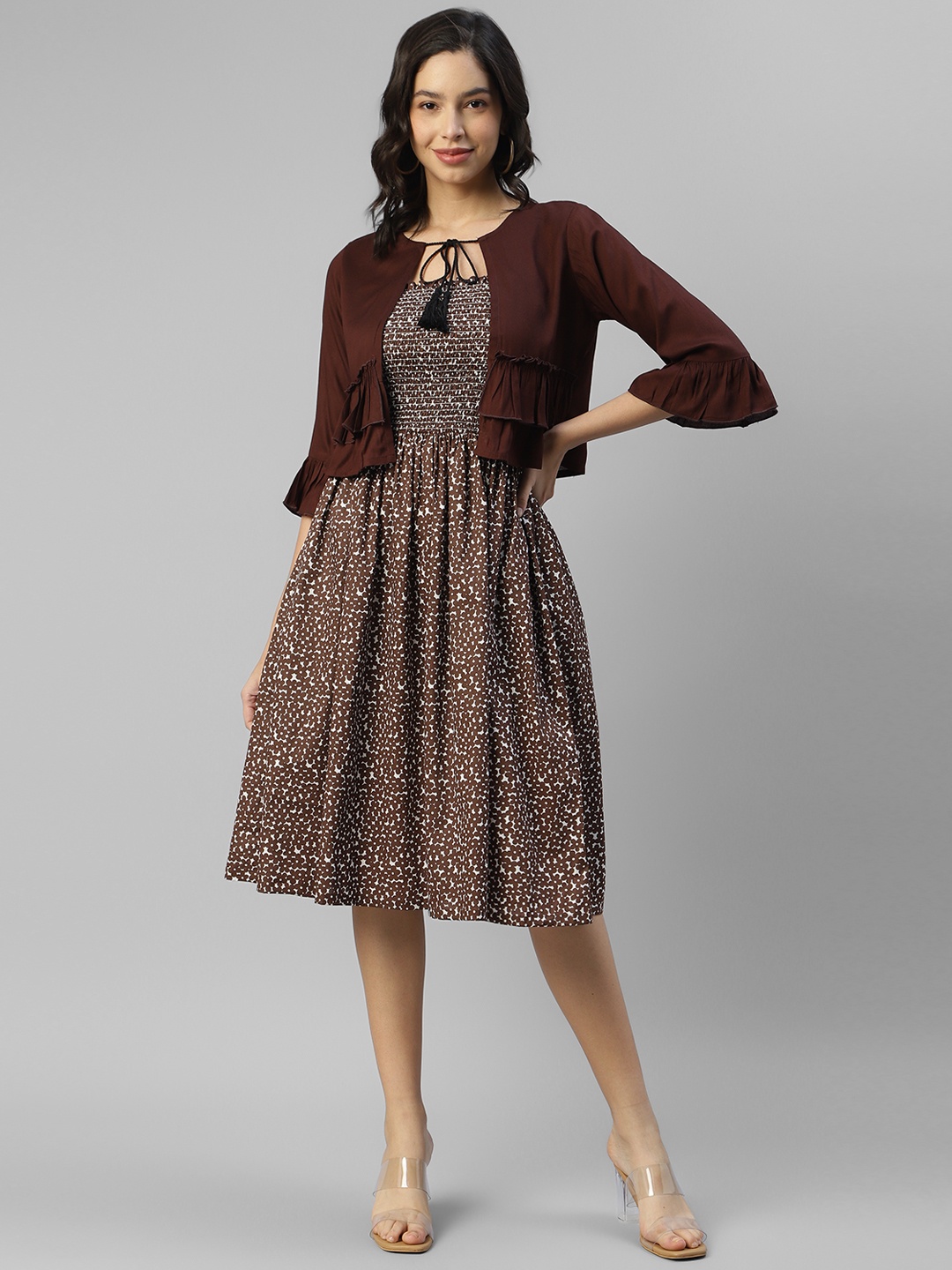 

DEEBACO Animal Print Square Neck Shoulder Straps Smocked Fit & Flare Dress With Shrug, Brown