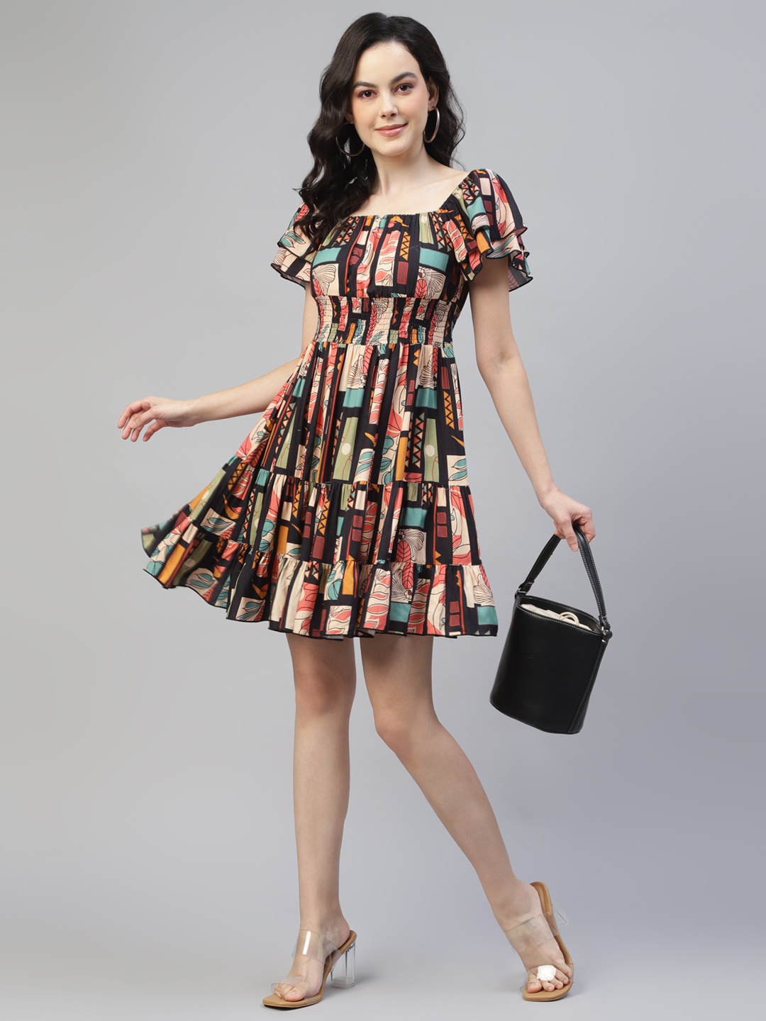 

DEEBACO geometric Print Square Neck Flutter Sleeve Fit & Flare Tiered Dress, Brown