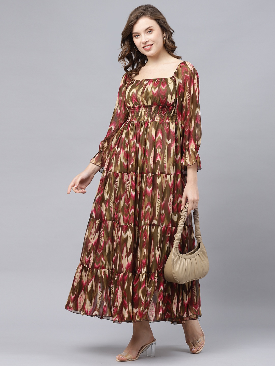 

DEEBACO Ethnic Motifs Print Square Neck Chiffon Maxi Dress, Brown