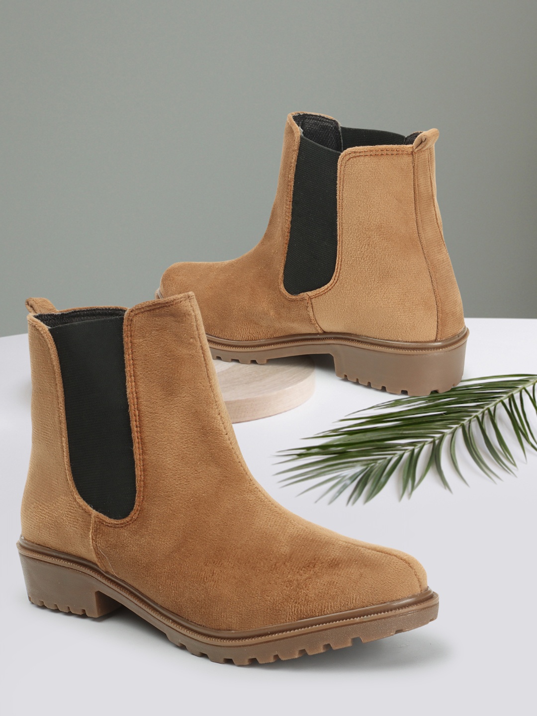 

FASHIMO Colourblocked Block-Heeled High-Top Chelsea Boots, Tan