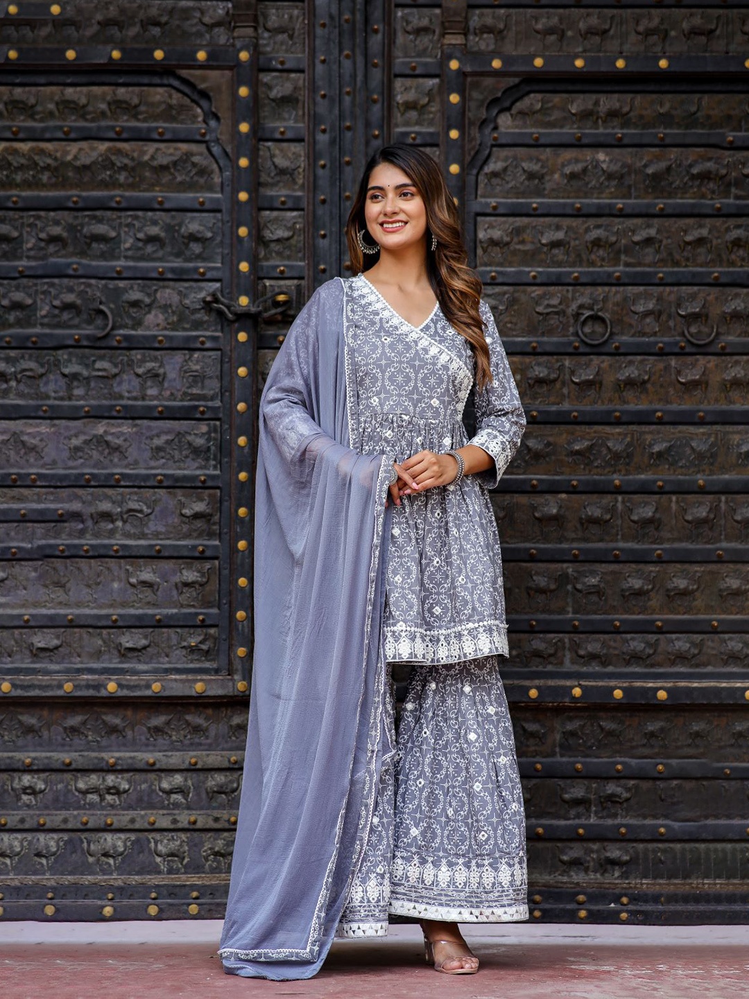 Chandbaali V Neck Floral Printed Regular Thread Work Kurta with Sharara & Dupatta, Blue