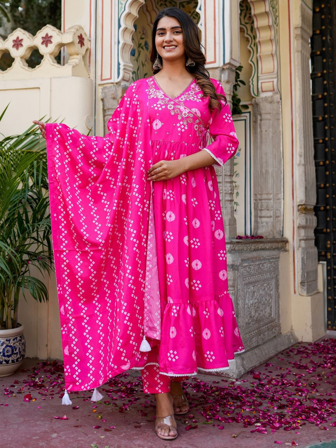 

Chandbaali Bandhani Printed V Neck Mirror Work Tiered Kurta with Trousers & With Dupatta, Pink