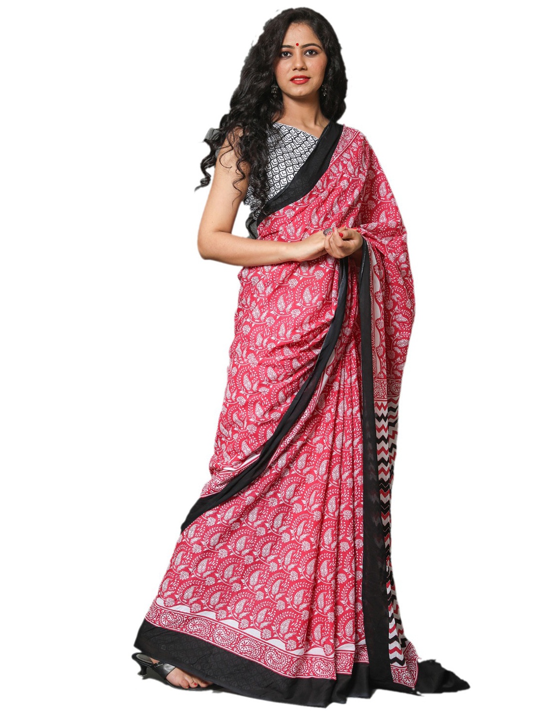 

clothonus Pink & White Paisley Pure Cotton Block Print Saree