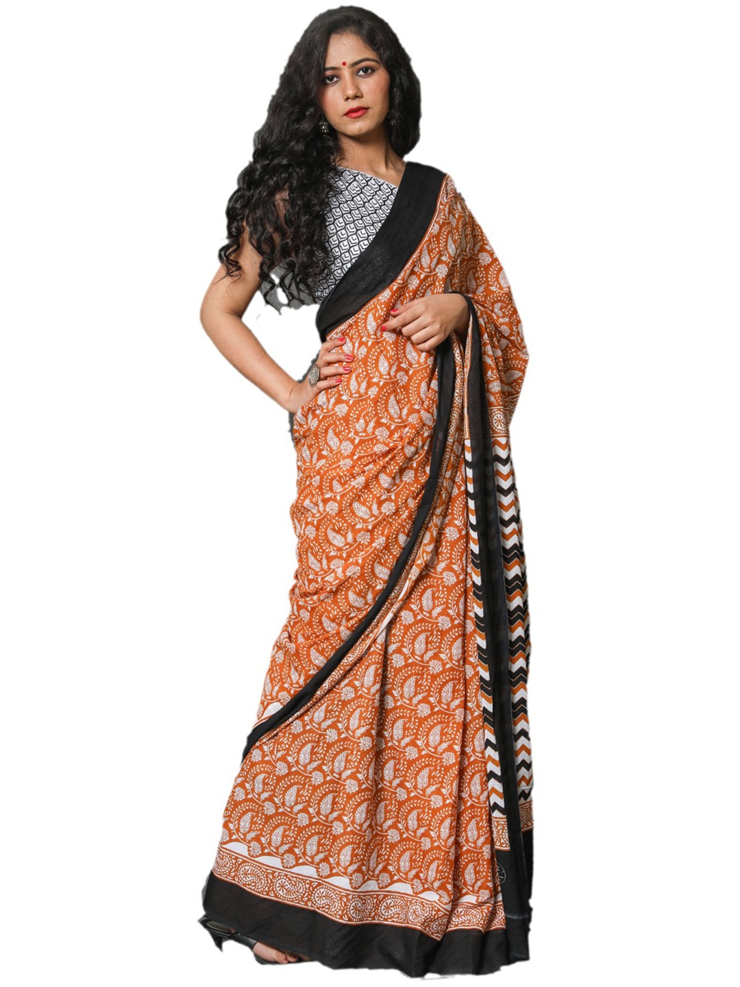 

clothonus Mustard & Black Floral Pure Cotton Block Print Saree