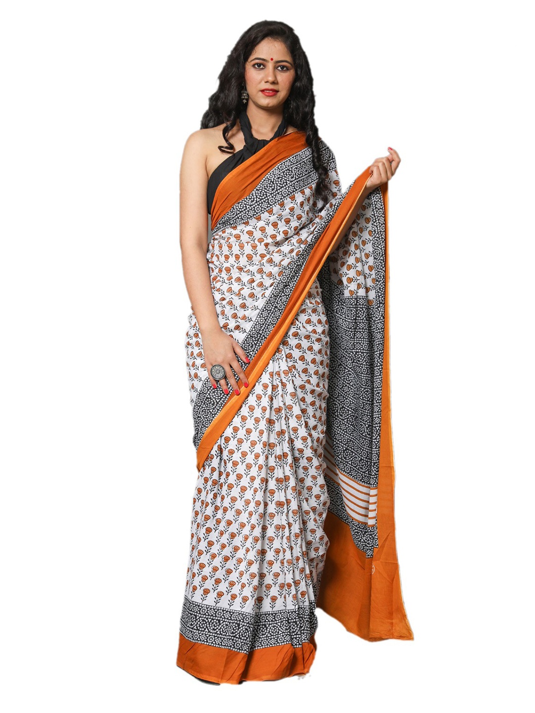 

clothonus White & Orange Ethnic Motifs Pure Cotton Block Print Saree