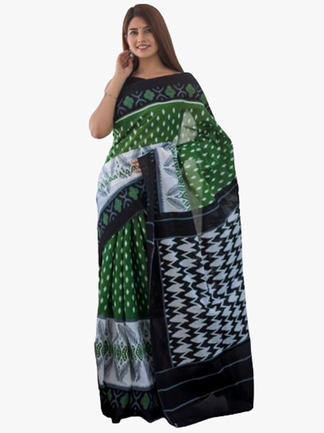 

clothonus Ethnic Motifs Pure Cotton Block Print Saree, Green