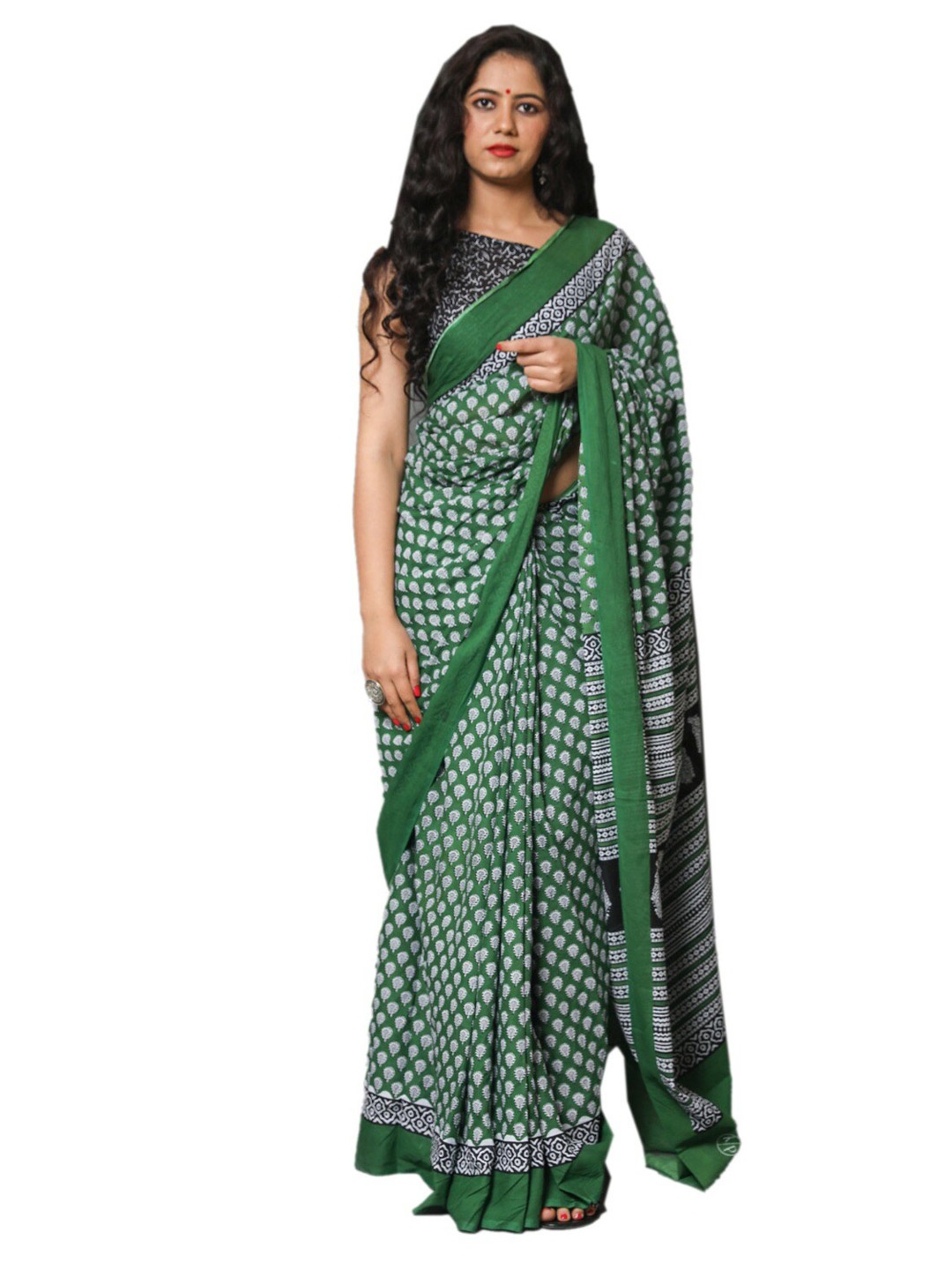 

clothonus Ethnic Motifs Pure Cotton Block Printed Saree, Green