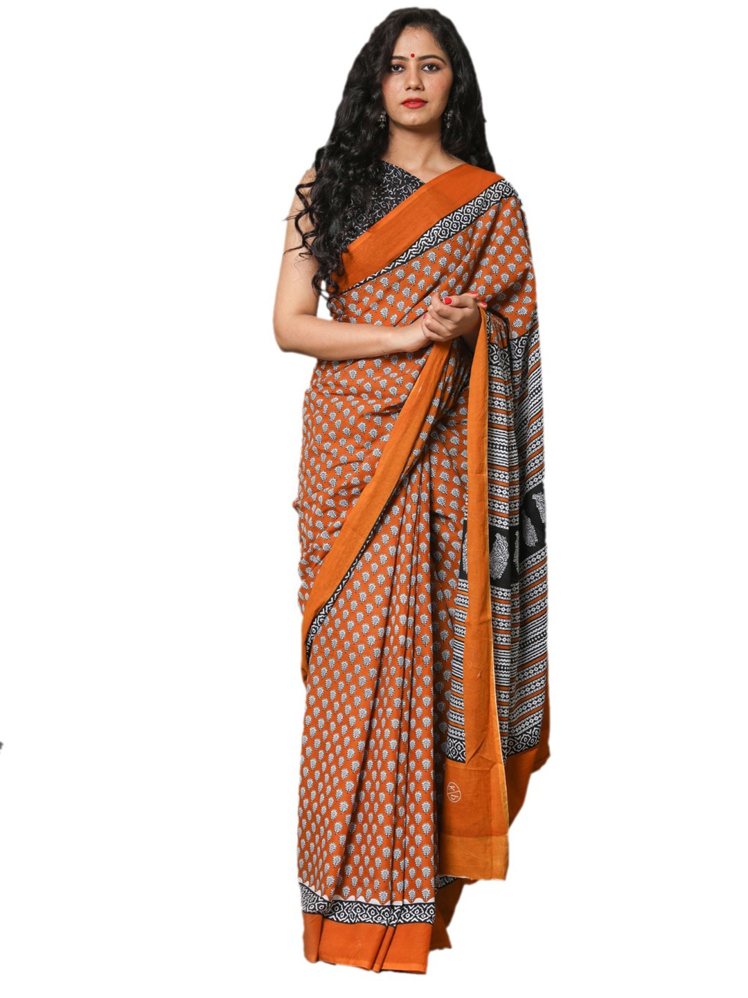 

clothonus Ethnic Motifs Printed Pure Cotton Block Print Saree, Mustard